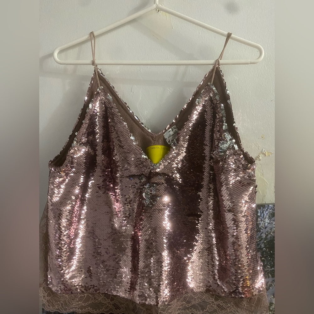 Cropped pink sequins top with lace detailing. Size S.